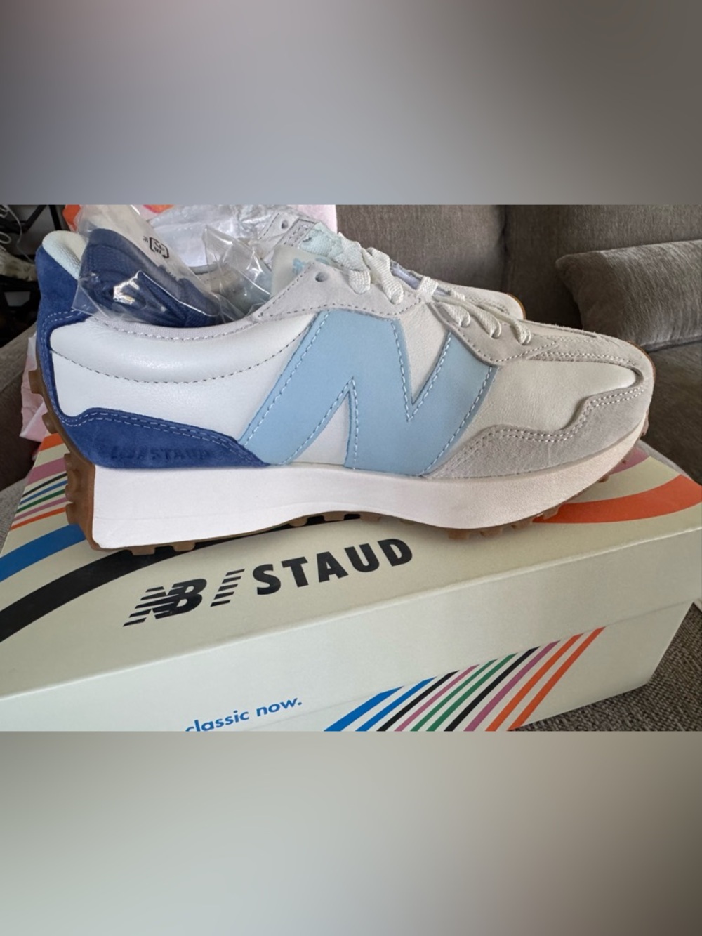 STAUD x New Balance 327 White Leather Sneakers with Light Blue and Navy Accents